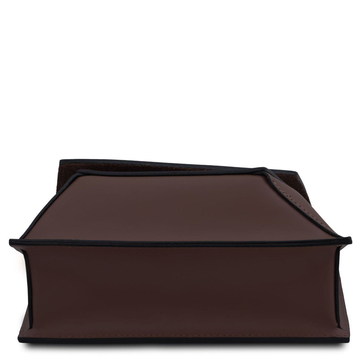 Bottom view of a chocolate brown leather crossbody bag on a white background