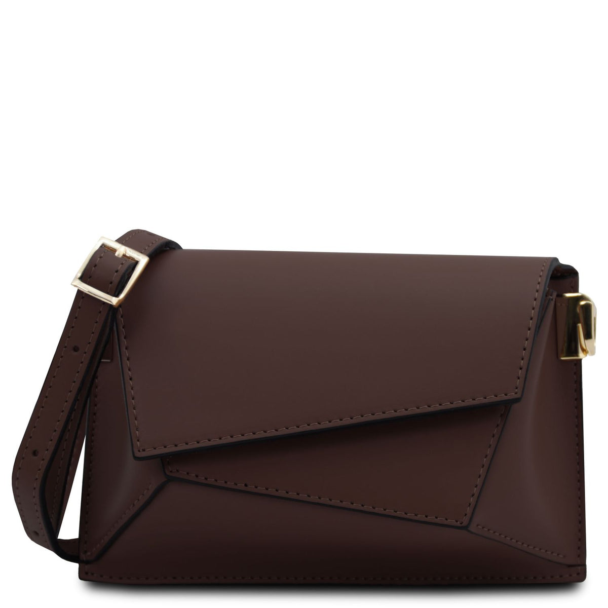 A dark brown leather crossbody bag with a flap closure, gold-tone buckle details, and a matching shoulder strap, shown on a plain white background.
