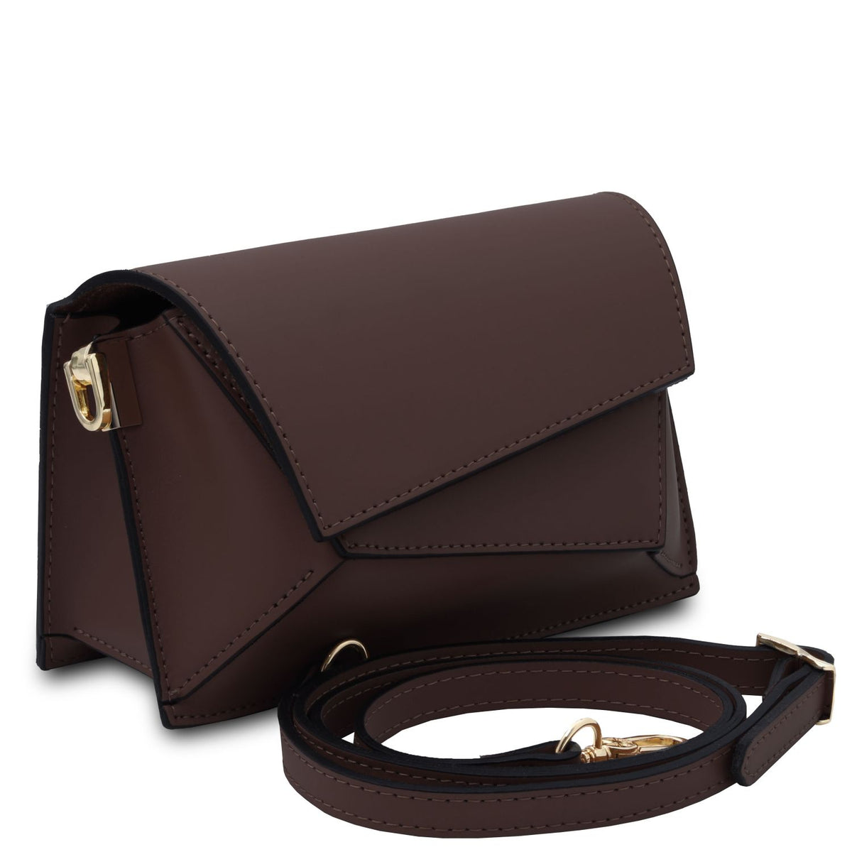 Brown leather crossbody bag with a strap on a white background