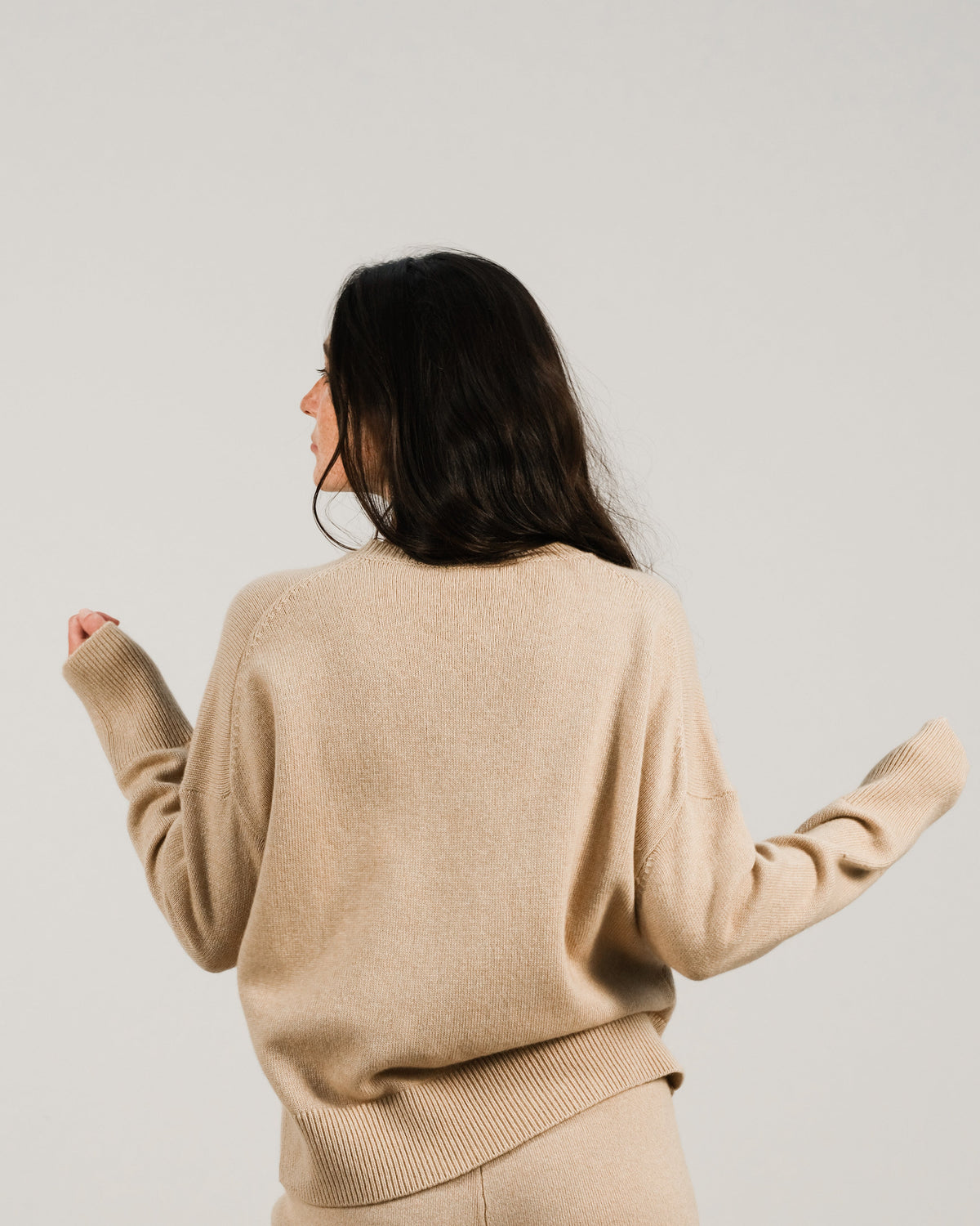 Back view of a beige cashmere mix maglione girocollo on a model