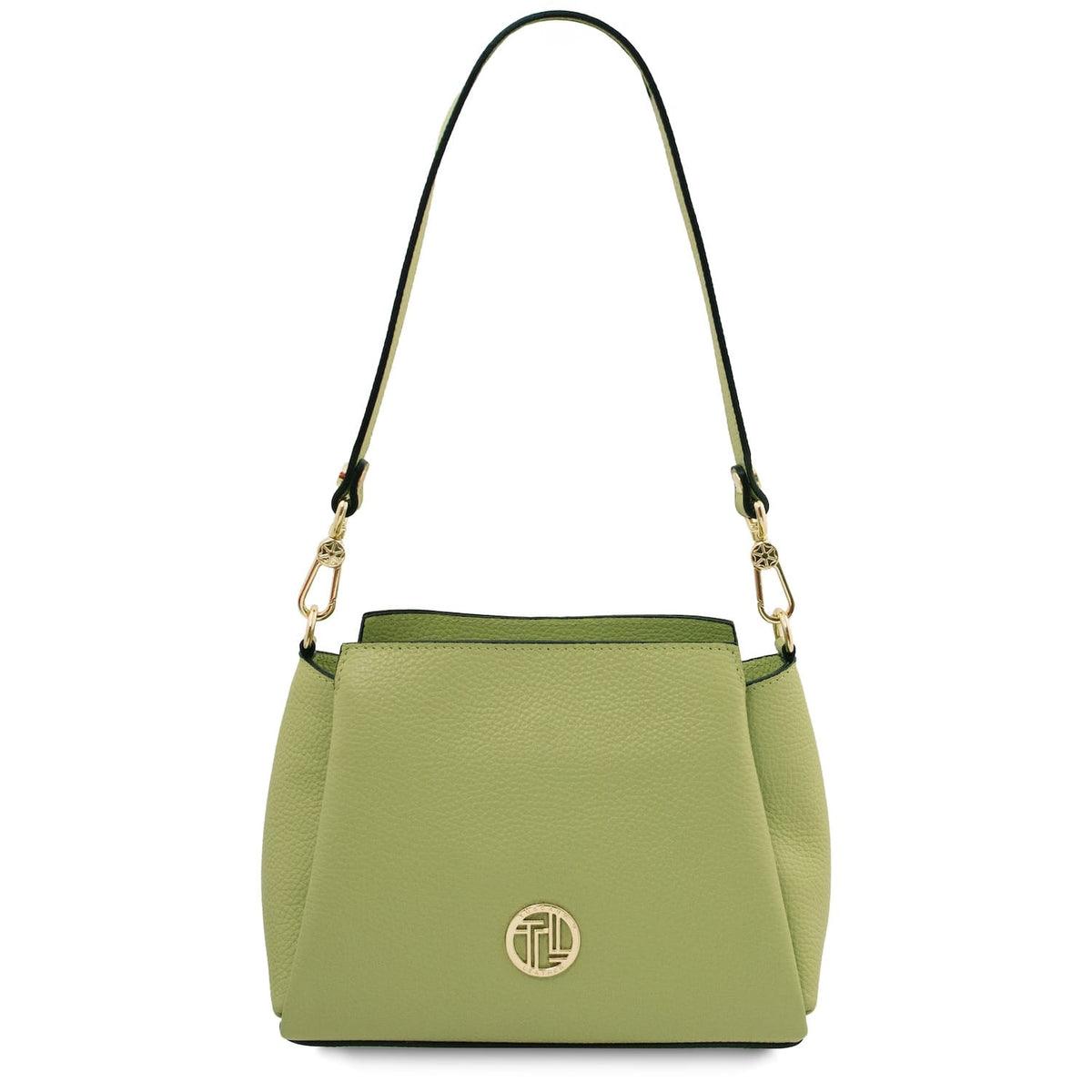 Pebbled Hellgrün Abby leather shoulder bag with goldfarbenes Logo and black trim Vorderansicht
