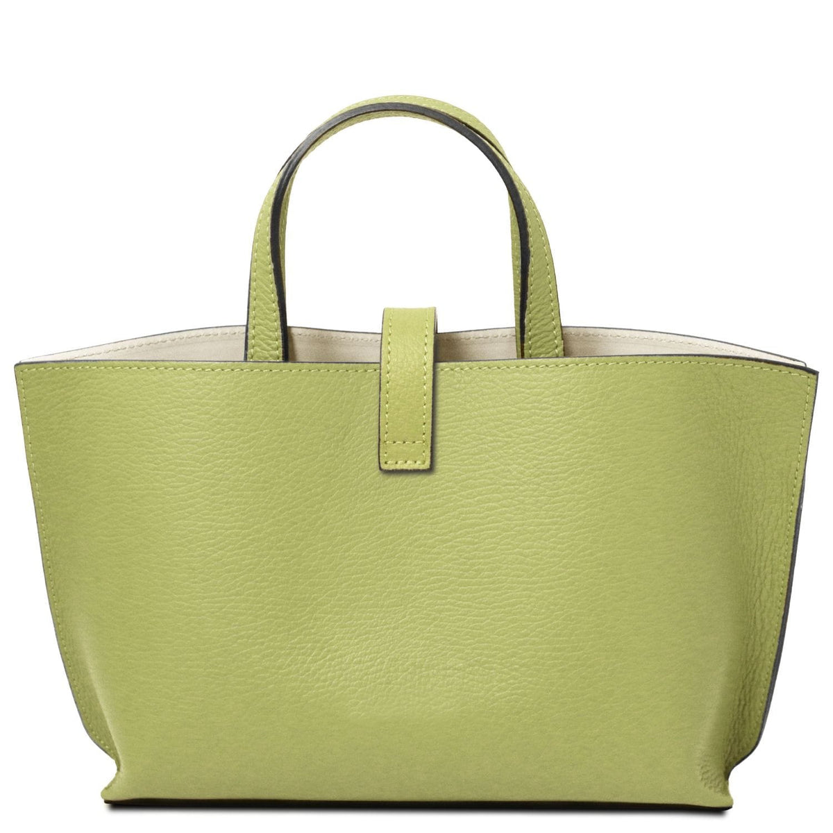 Agatha women's lime green leather tote from the front showing top handles and a center strap closure.