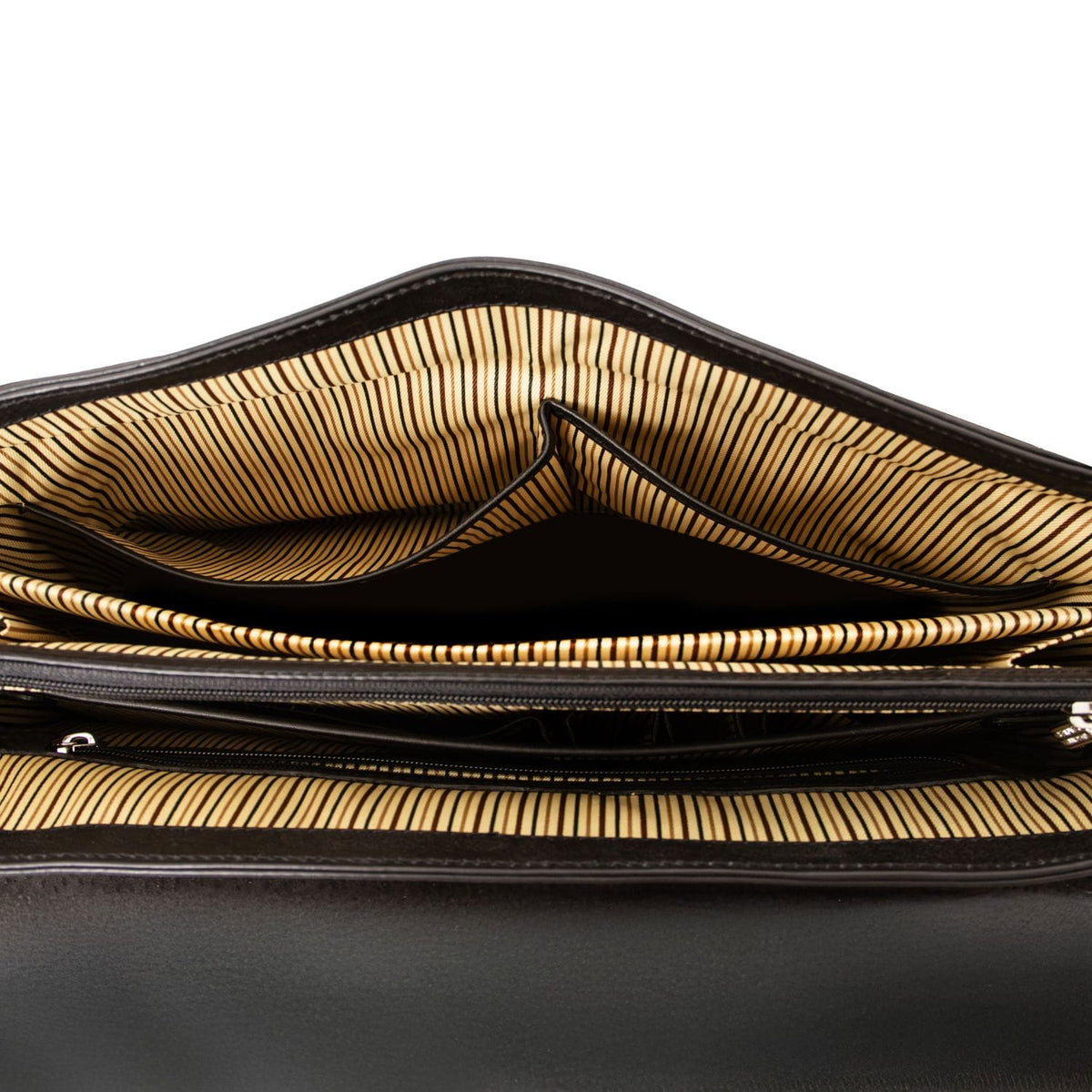 Abierto interior of Alessandria briefcase showing organized compartments and a bolsillo con cremallera with striped lining