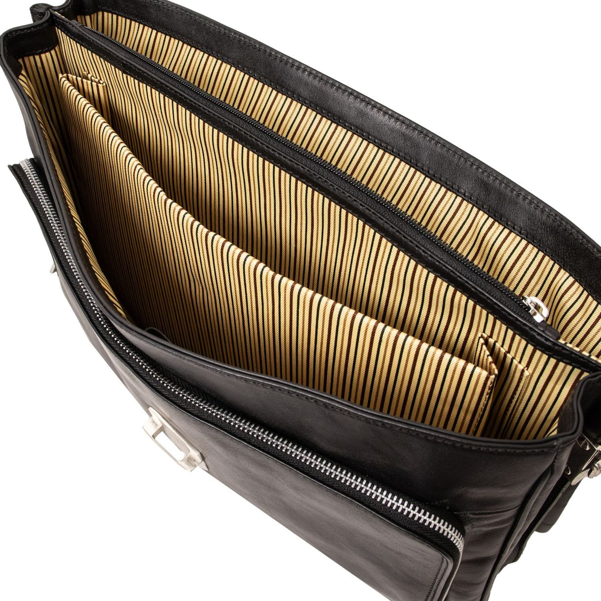 Vista interior of Alessandria laptop briefcase with three sections and bolsillo con cremallera against cuero striped lining.