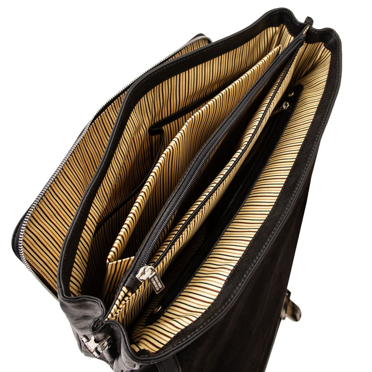 Alessandria matte black leather briefcase opened to show three main compartments and striped forro beige.