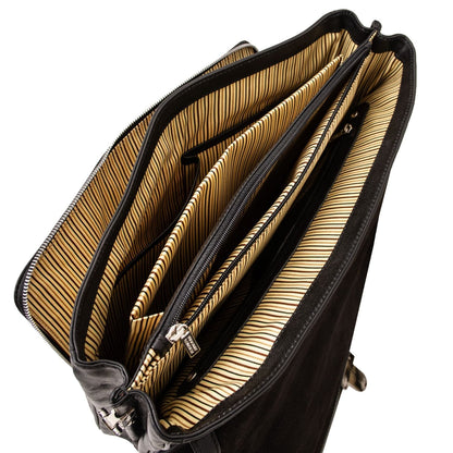 Alessandria matte black leather briefcase opened to show three main compartments and striped forro beige.
