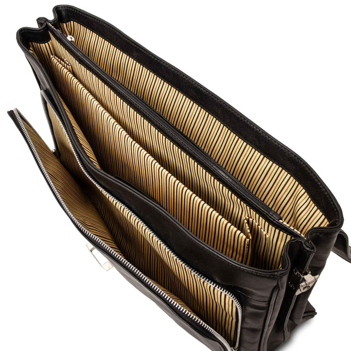 Alessandria matte black leather laptop briefcase opened to reveal varios compartimentos with striped forro color cuero.