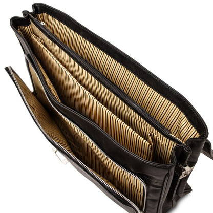 Alessandria matte black leather laptop briefcase opened to reveal varios compartimentos with striped forro color cuero.