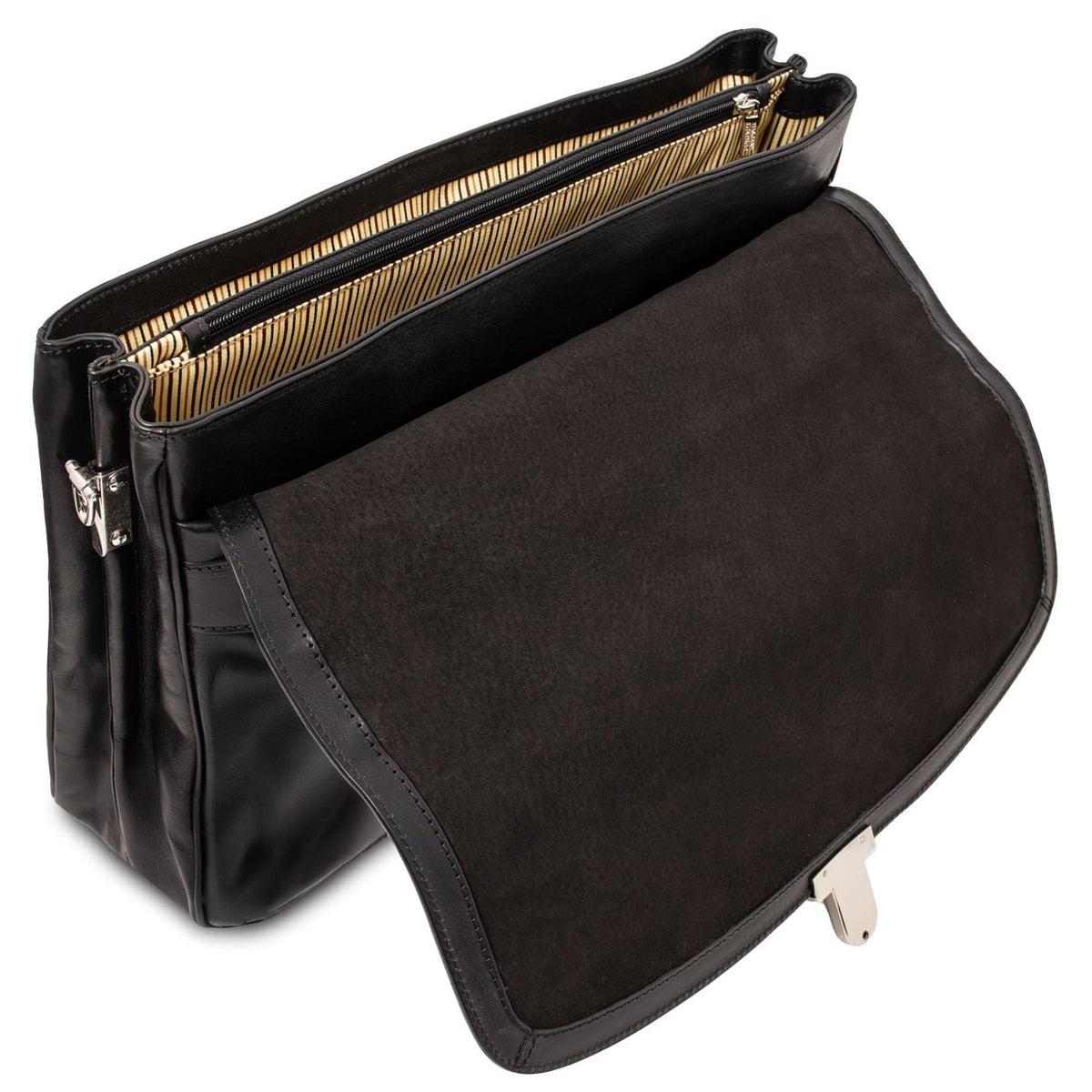 Abierto Alessandria briefcase revealing dark suede interior and metal latch on the flap