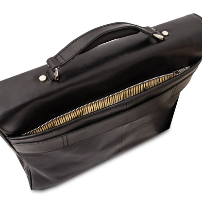 Top view of Alessandria matte black leather briefcase with a zippered opening and cuero striped lining