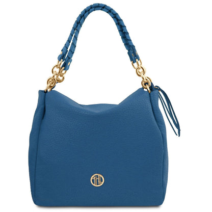 Amy blue soft Italian leather shopping bag with braided top handle and gold hardware