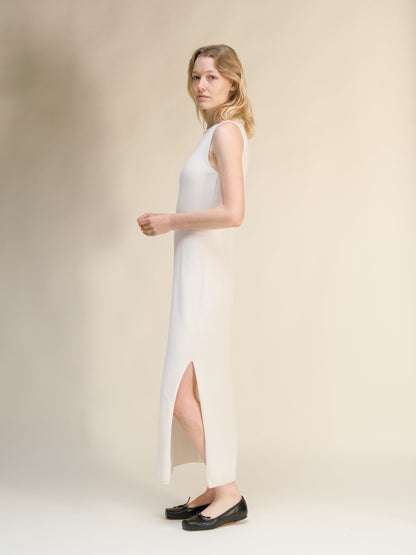 Blanco cashmere blend boat neck sleeveless maxi dress shown in profile on a model