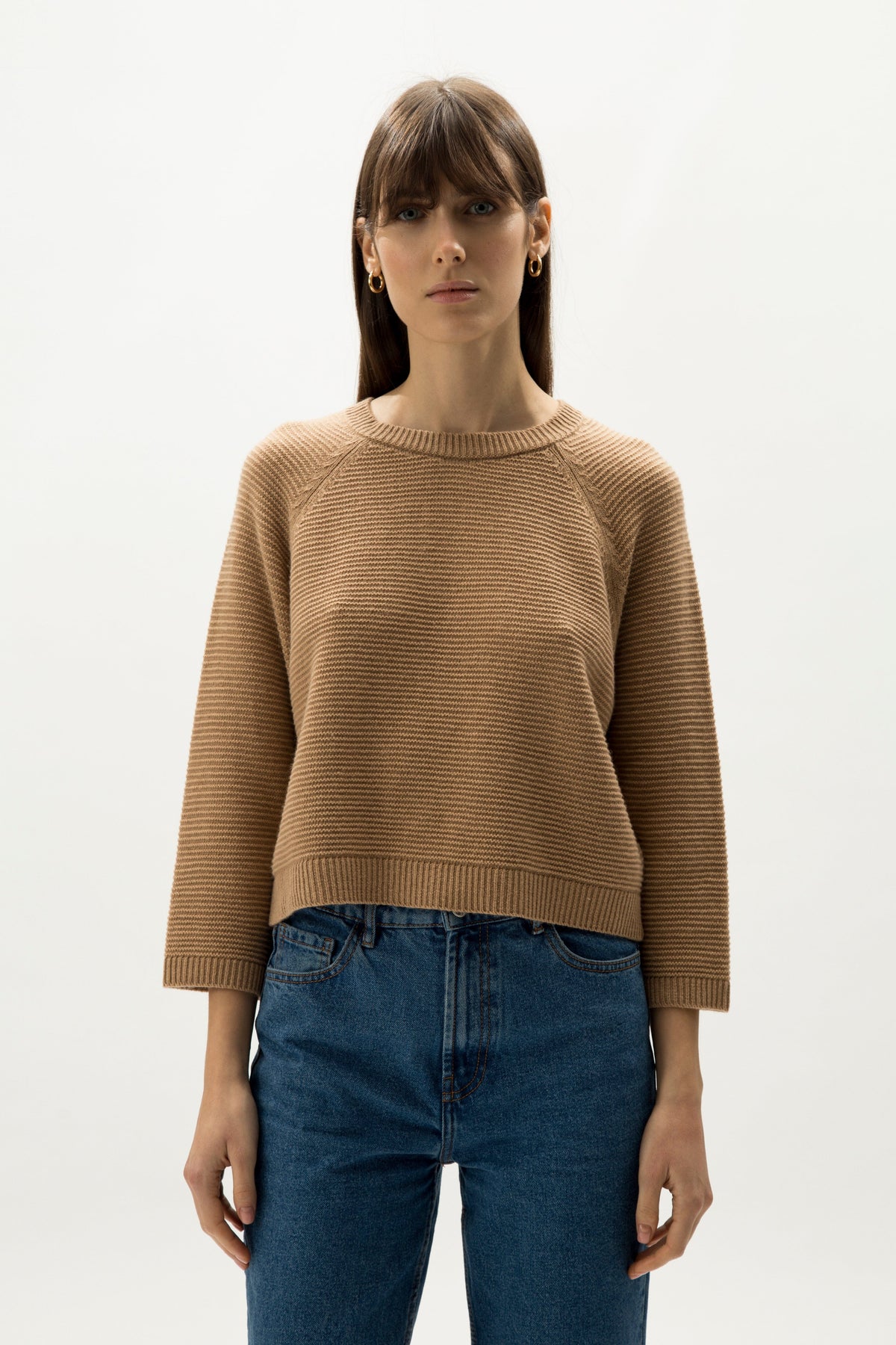 Maglieria Cammello / S Cashmere Mix Cropped 3/4 Sleeve Pullover San Rocco Italia
