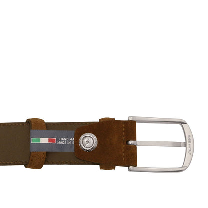 Side view of brown suede belt with silver buckle and Italian flag label attached.