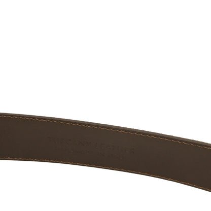 Brown 35mm suede leather belt with neat tan stitches along the edges and subtle embossed branding on the strap