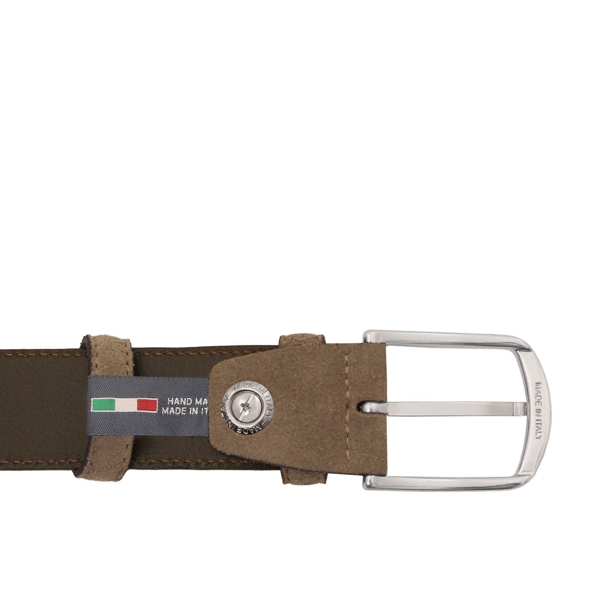 Brown suede belt with silver buckle and a label with the Italian flag