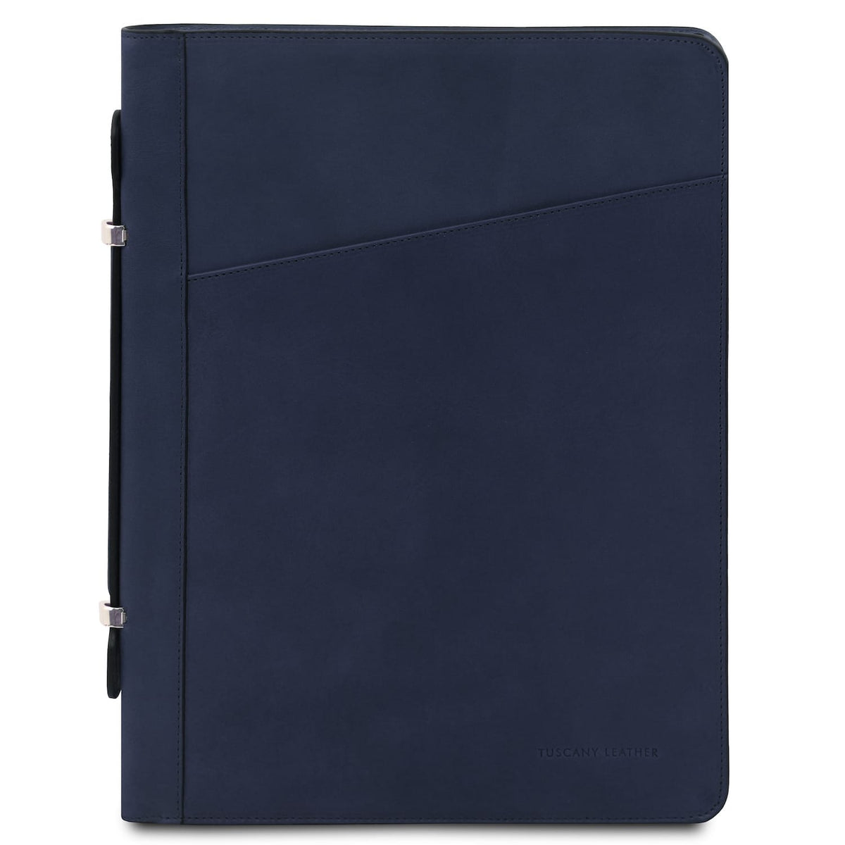 Navy leather document case with diagonal front pocket and slim side strap detail