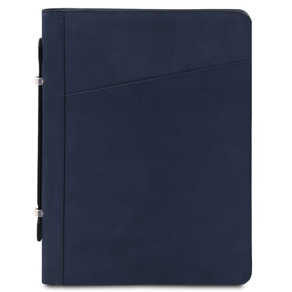 Navy leather document case with diagonal front pocket and slim side strap detail