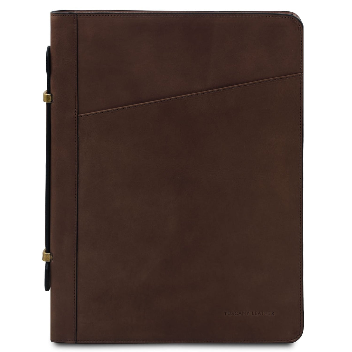 Costantino brown leather document case with diagonal front pocket and neat stitching