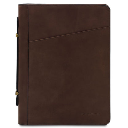 Costantino brown leather document case with diagonal front pocket and neat stitching