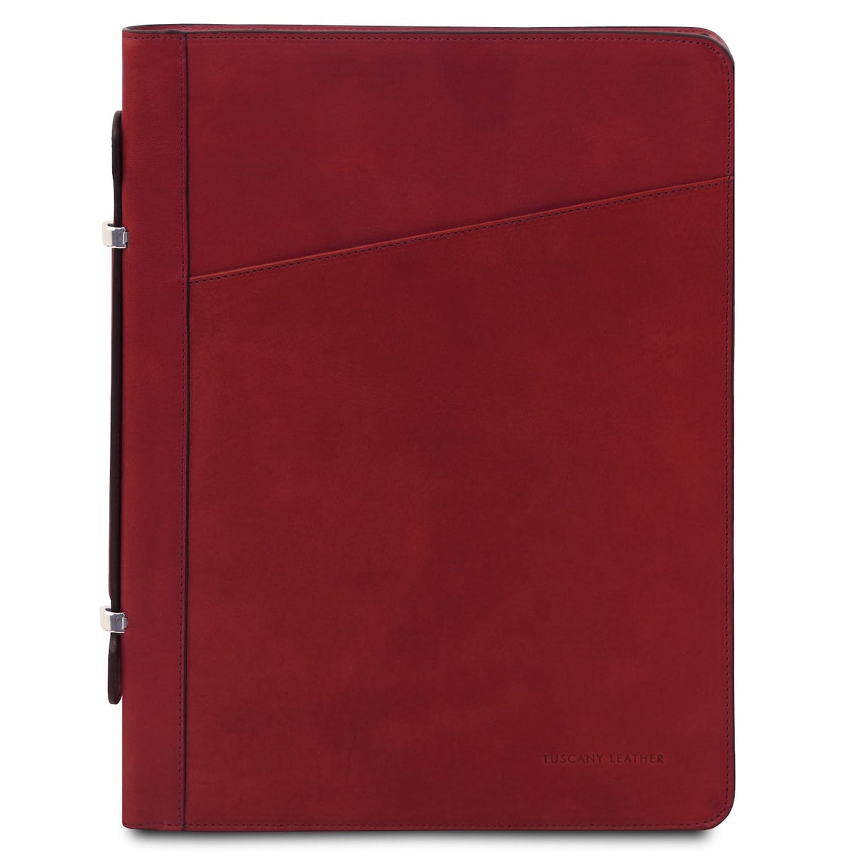 Red leather document case back view with diagonal panel and Tuscany Leather branding