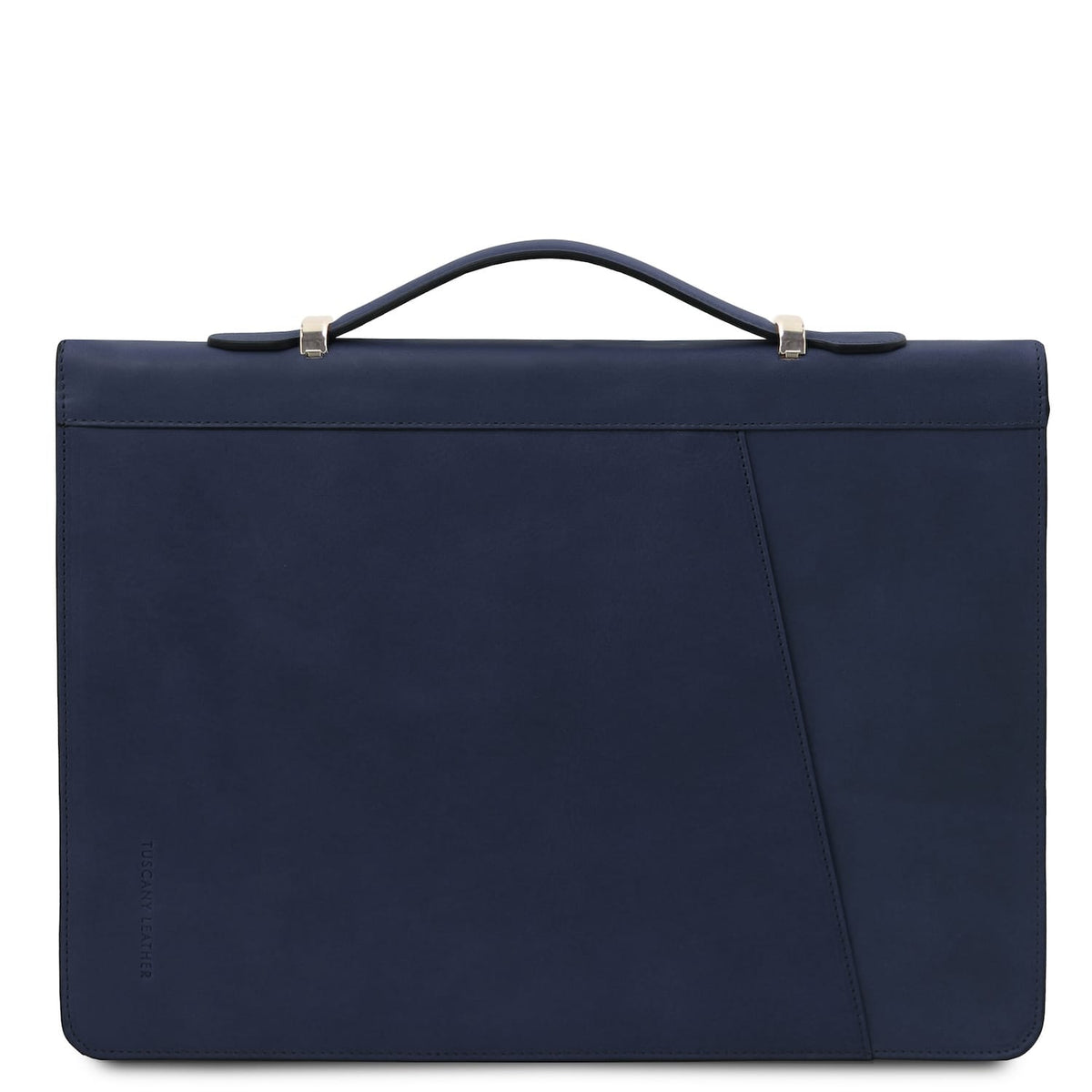 Navy blue leather document case with a curved handle and silver hardware