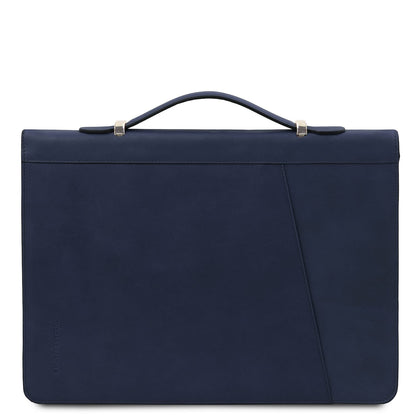 Navy blue leather document case with a curved handle and silver hardware