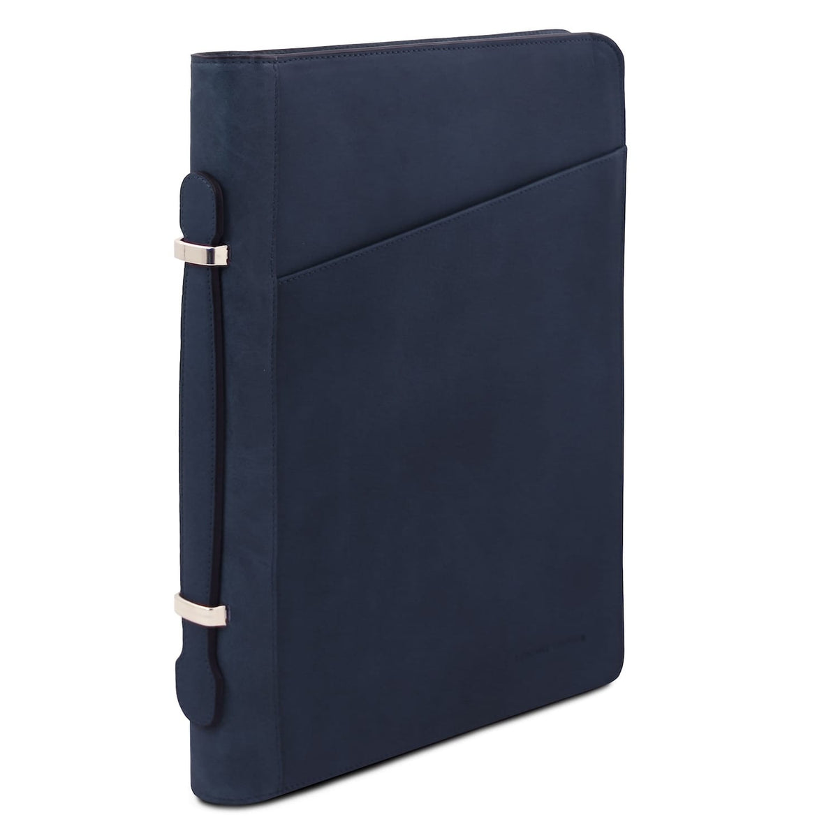 Navy leather document case shown from the side with a handle and silver hardware
