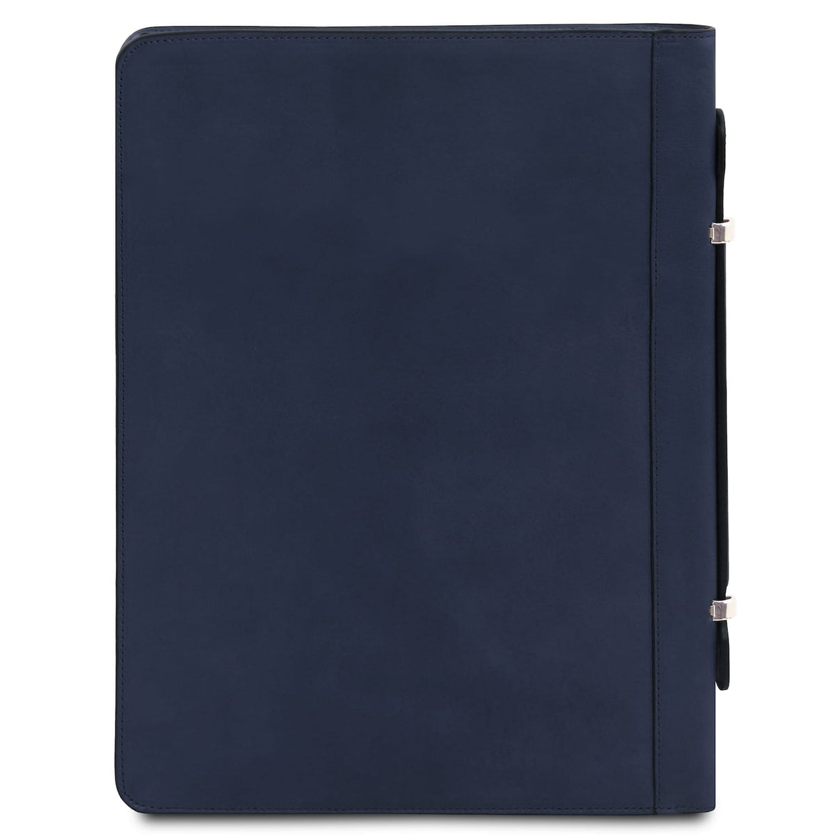 Navy leather document case seen edge on with attached handle and silver clasps