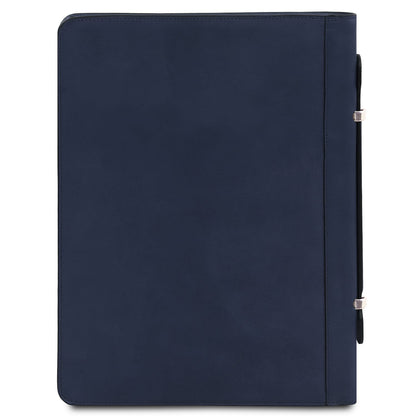 Navy leather document case seen edge on with attached handle and silver clasps