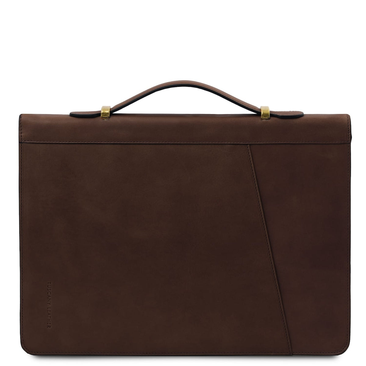 Dark brown leather document case with a curved top handle secured by gold tone hardware