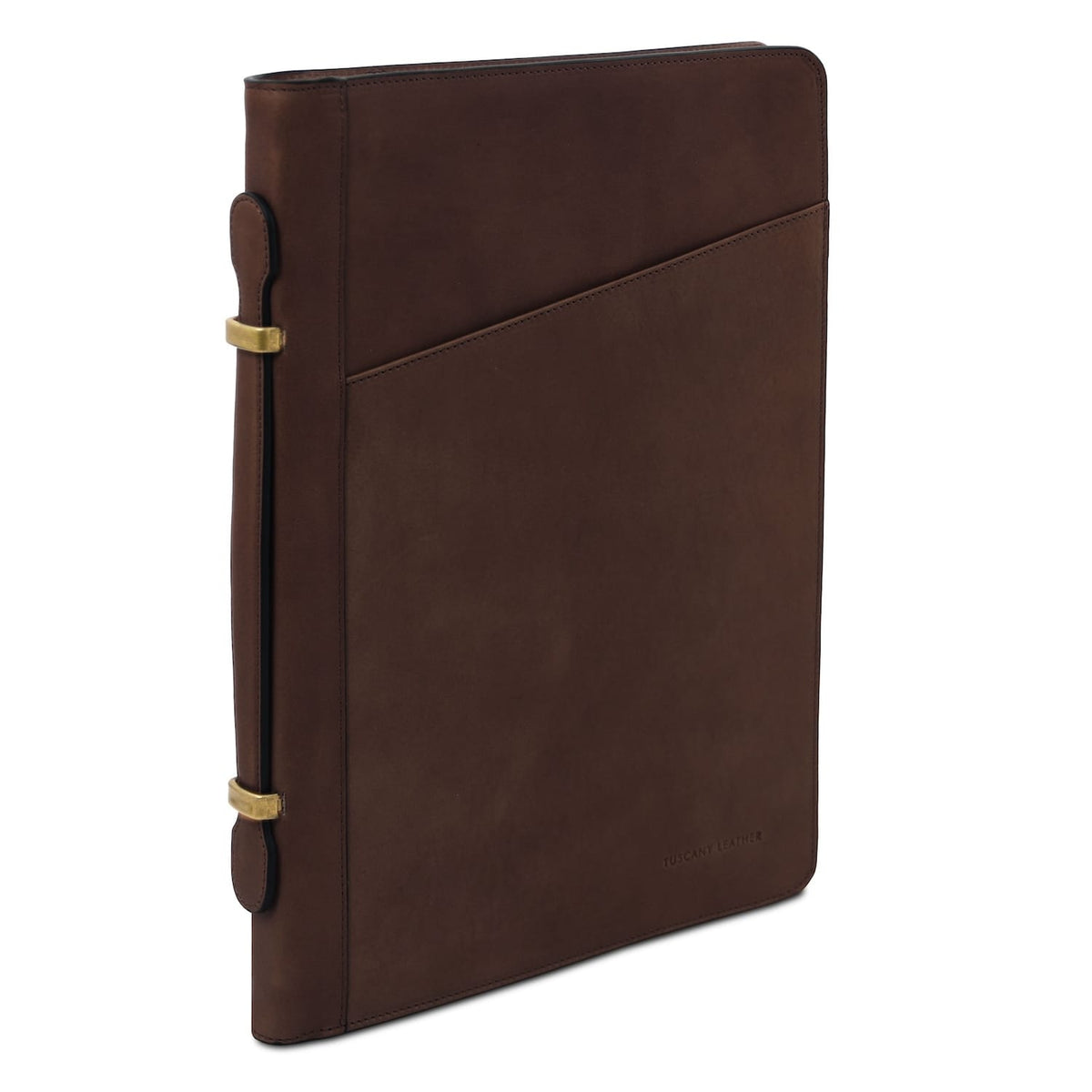 Costantino leather document case side view with vertical strap and brass hardware