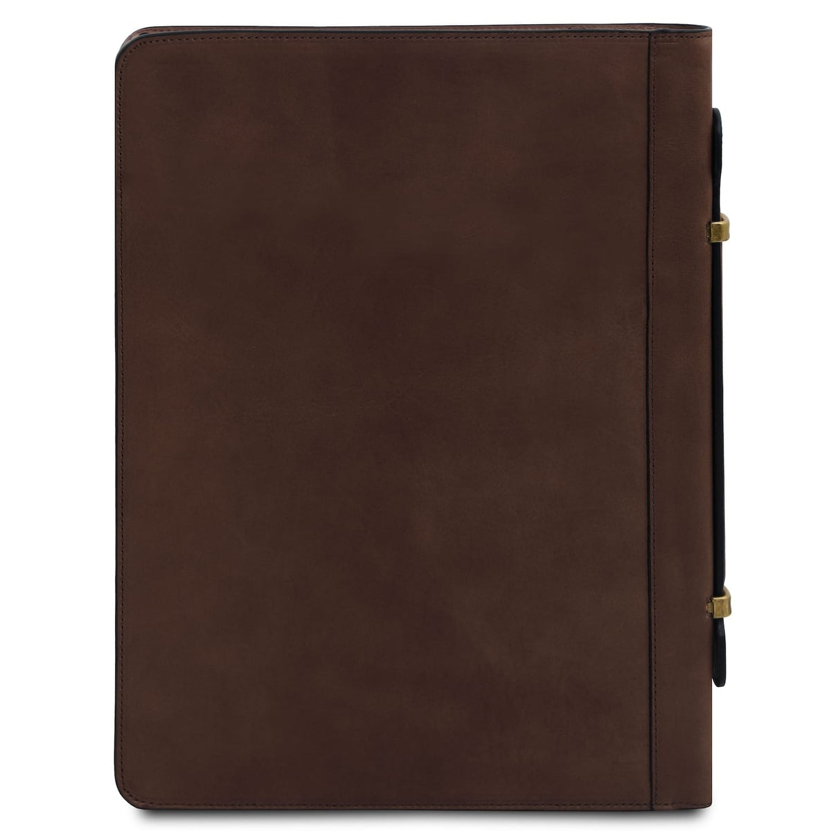 Front view of Costantino brown leather document case with diagonal pocket and Tuscany Leather branding