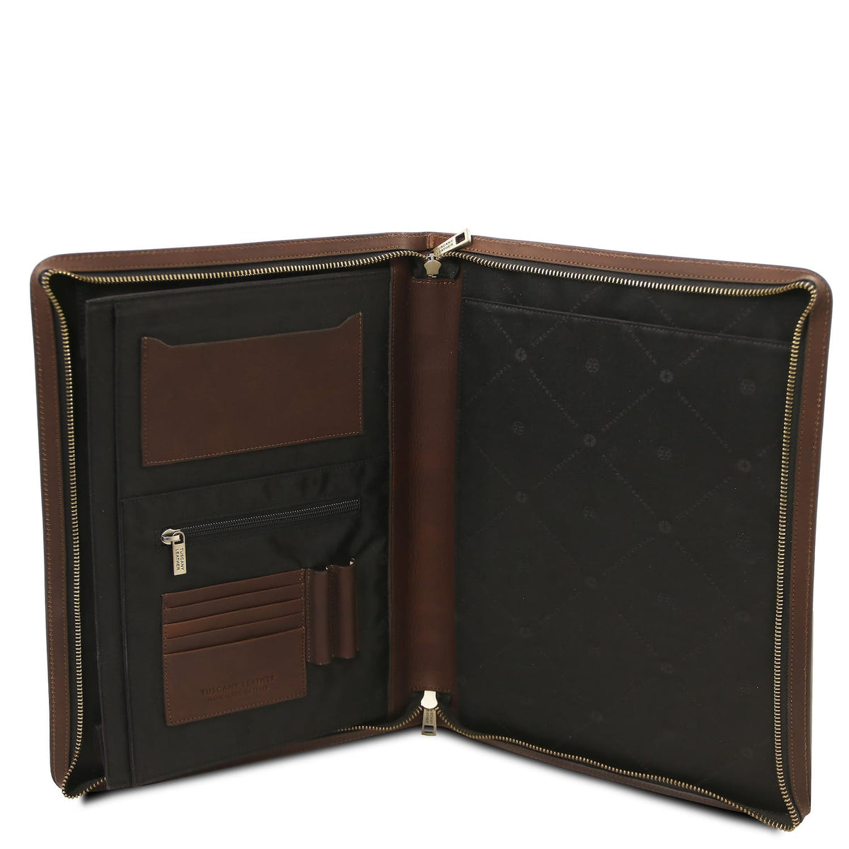 Opened Costantino leather document case with handle showing brown exterior, black interior, card slots and zipper pocket
