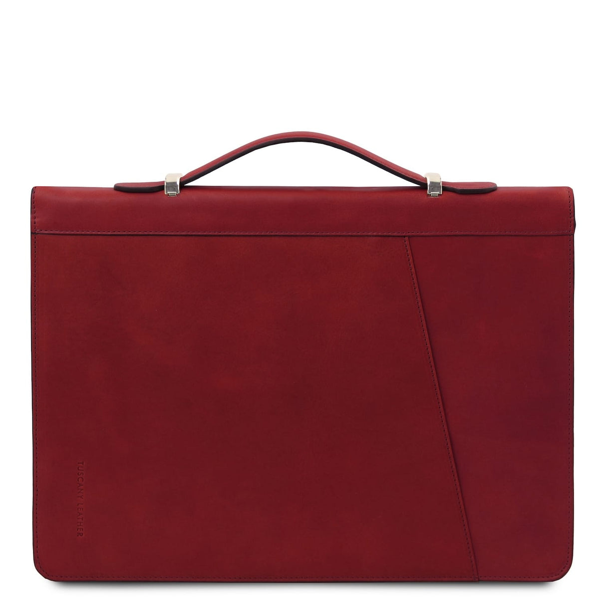 Red leather document case with top handle and diagonal panel seam front view.