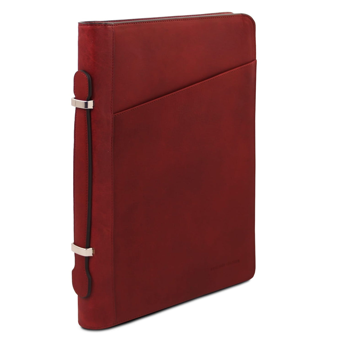 Red leather document case shown from the side with diagonal front pocket seam and metal clasps along the edge