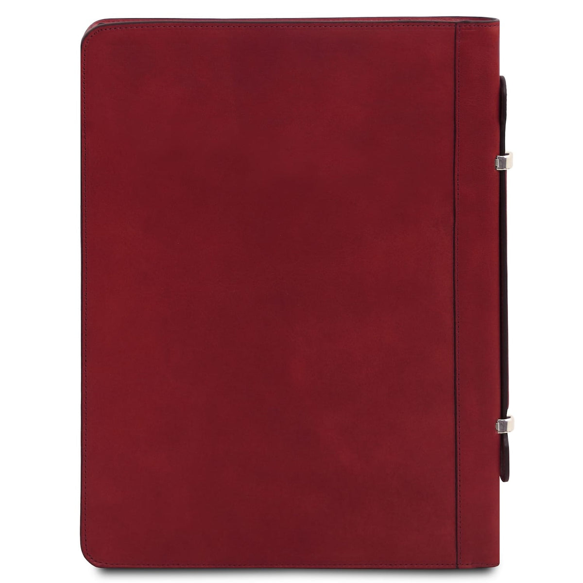 Red leather document case with rounded corners and a slim side strap along the right edge