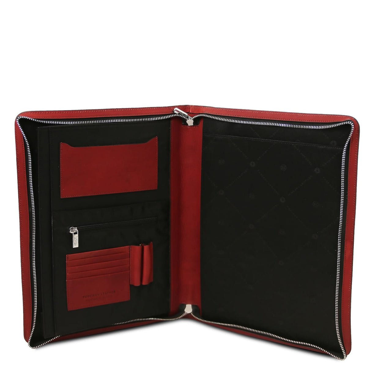 Open red leather document case interior with card slots zip pocket and pen holders.