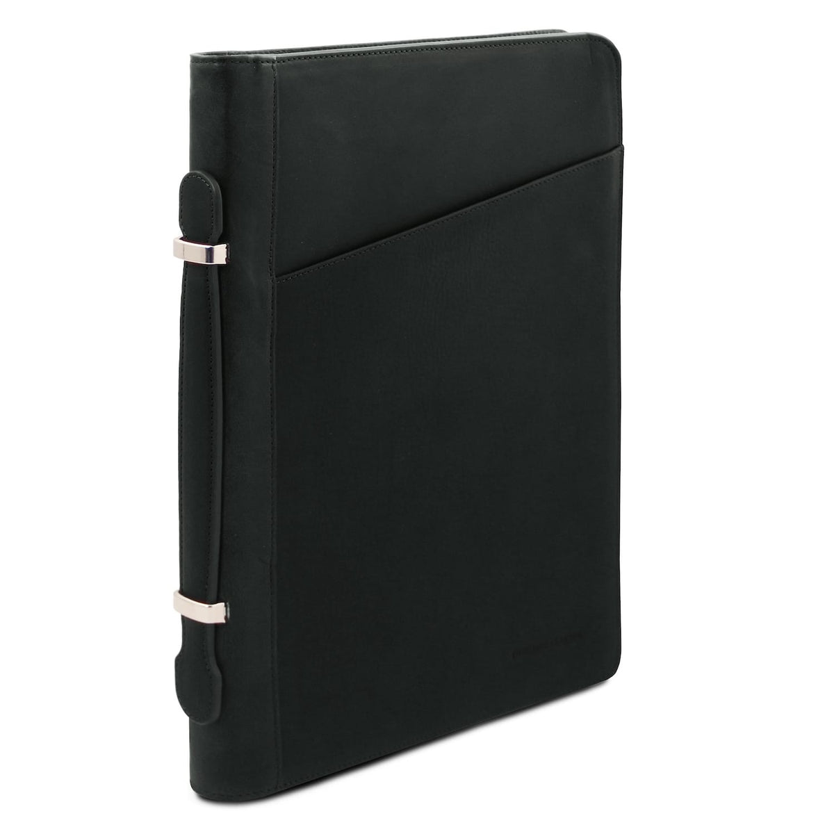 Side view of Costantino black leather document case showing slim profile and metal hardware