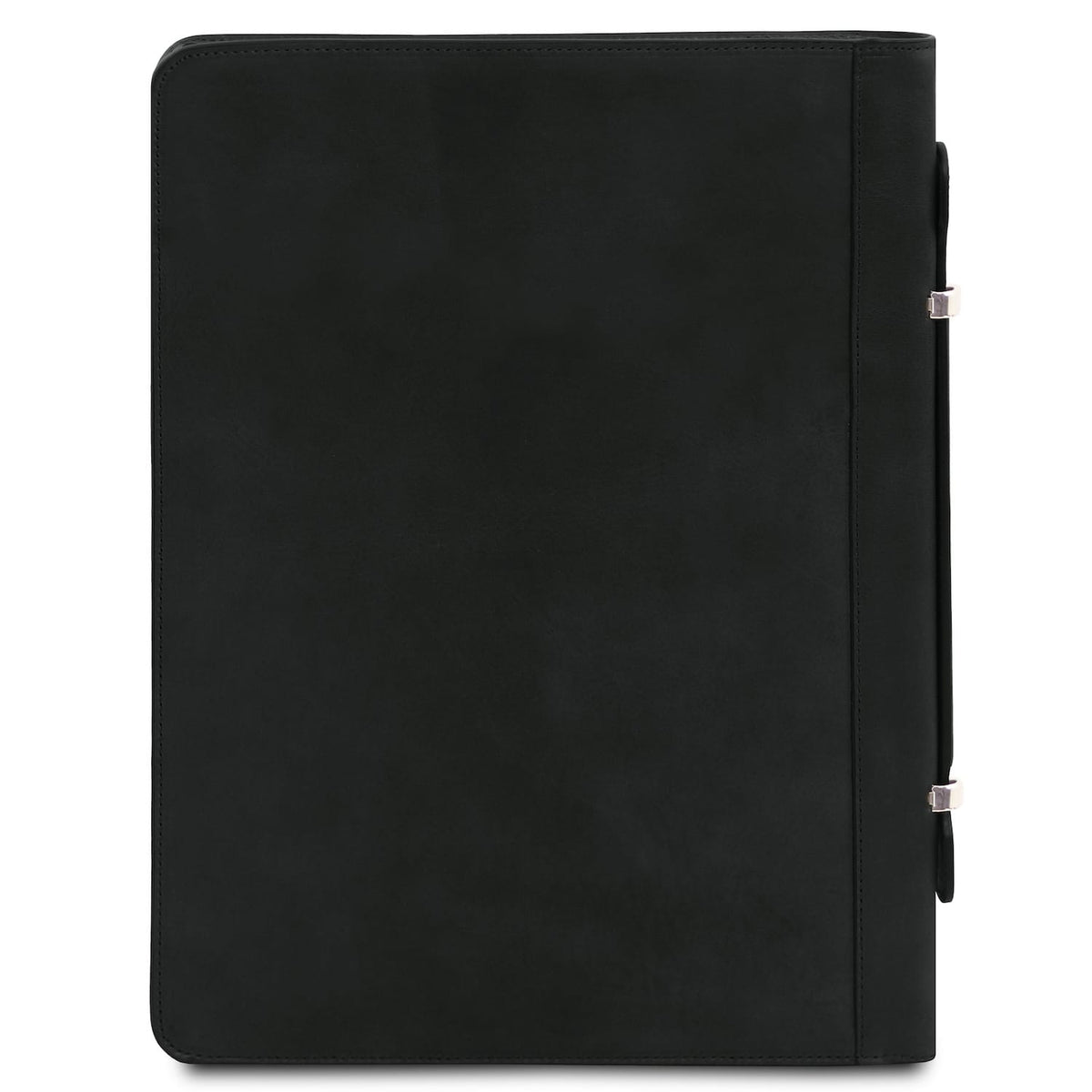 Angled view of Costantino black leather document case highlighting side closures and handle detail