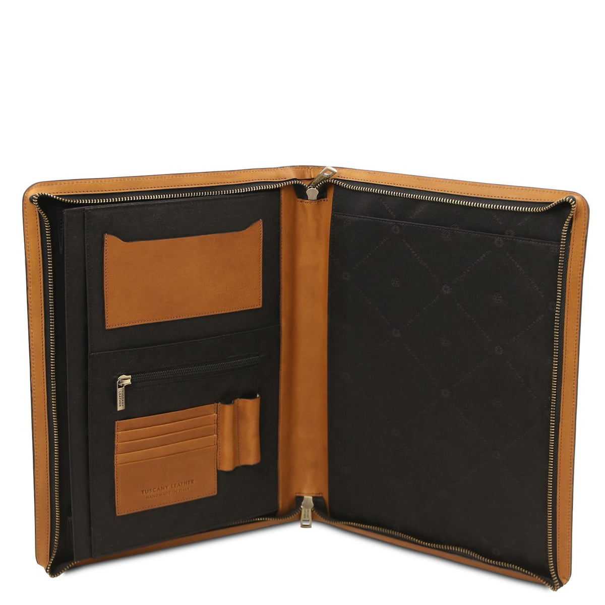 Open tan leather document case with black interior showing card slots and zipper pocket