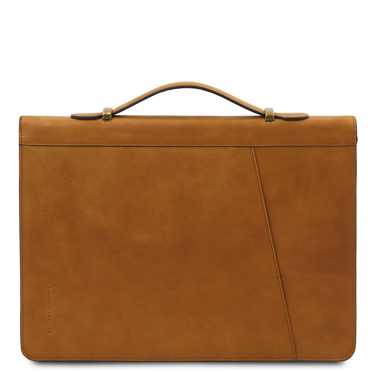 Tan leather document case with handle and diagonal front panel