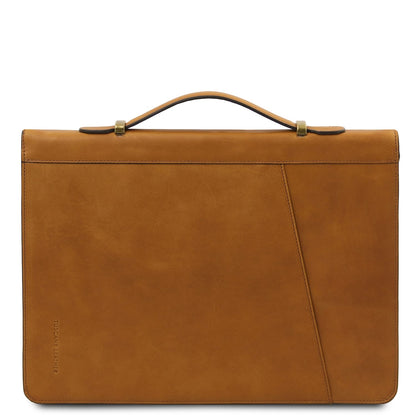 Tan leather document case with handle and diagonal front panel