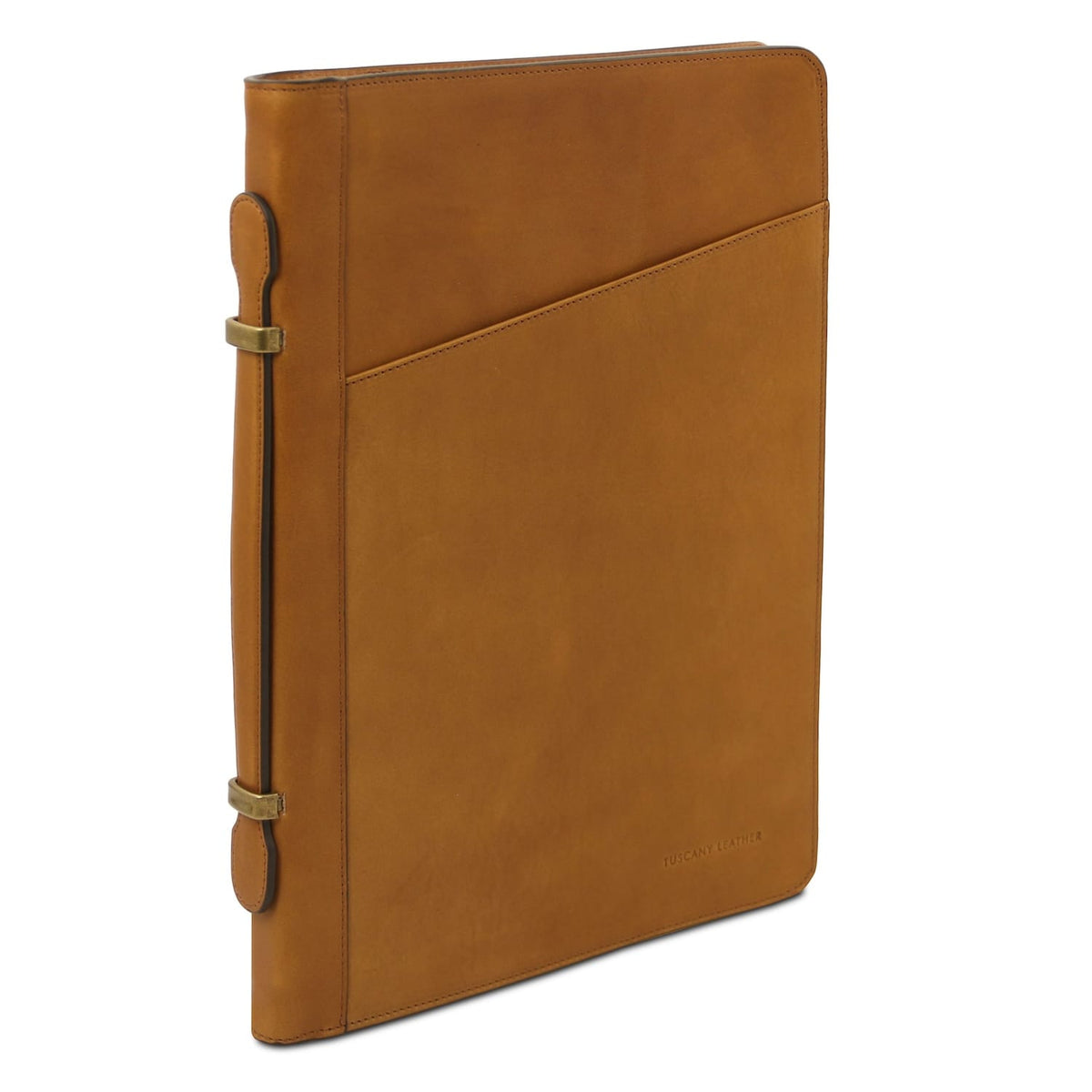 Side view of Costantino leather document case with handle and brass fixtures