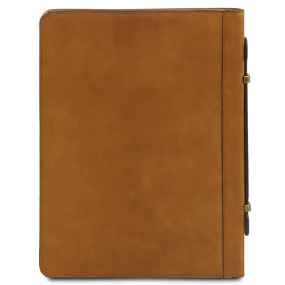 Angled view of Costantino leather document case showing side straps and handle
