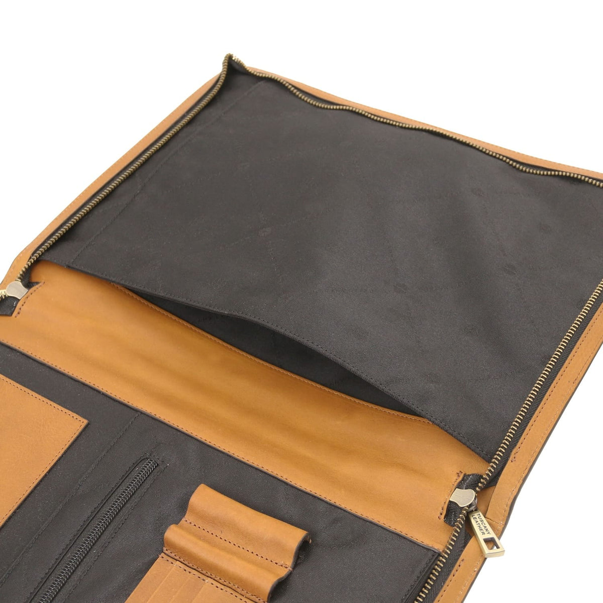 Opened document case with tan border and black interior featuring card slots and pen holders