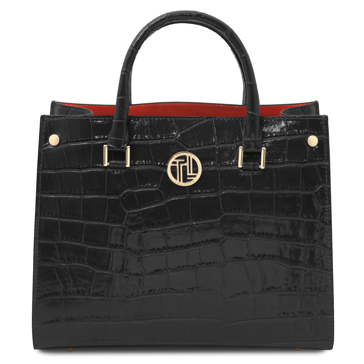 Croque - Croc print leather tote handbag | TL142504 in black glossy embossed leather with herrajes dorados and asa superiors sobre fondo blanco