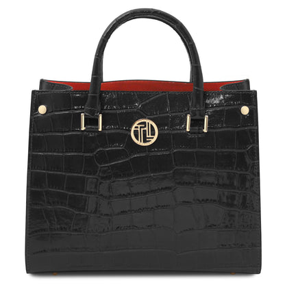 Croque - Croc print leather tote handbag | TL142504 in black glossy embossed leather with herrajes dorados and asa superiors sobre fondo blanco