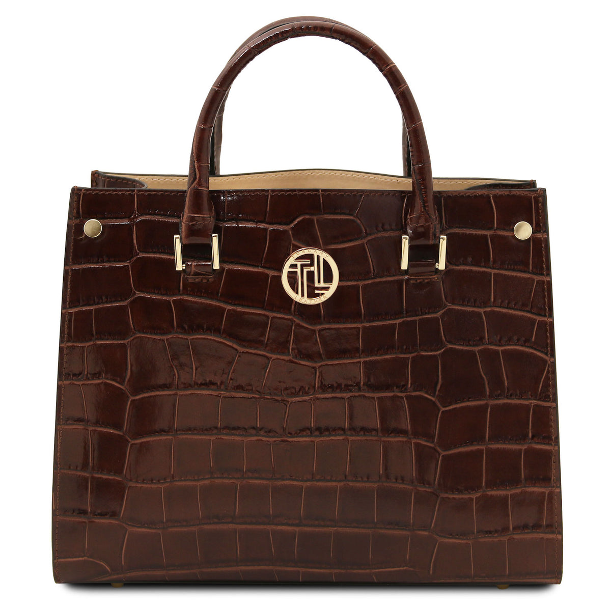 Croque - Croc print leather tote handbag | TL142504 in dark brown with glossy embossed texture, asa superiors, and herrajes dorados sobre fondo blanco