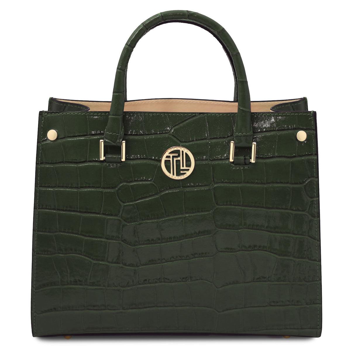 Croque - Croc print leather tote handbag | TL142504 in glossy dark green Italian embossed leather with asa superiors and herrajes dorados sobre fondo blanco
